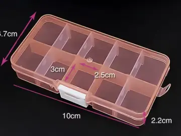 Aufbewahrungsbox in Orange/Transparent, Maße 10 x 6,7 x 2,2 cm, ausgestattet mit 10 kleinen fixen Einzelbehältern (je 3 x 2,5 x 2,2 cm)