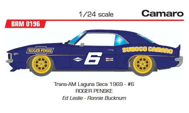 CAMARO Z28 1969 – SUNOCO – Trans-AM Laguna Seca 1969 - #6 ROGER PENSKE Ed Leslie - Ronnie Bucknum - Slotcar Maßstab 1:24 analog BRM