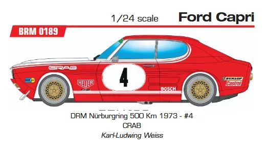 Ford Capri DRM Nürburgring 500 Km 1973 - #4 CRAB Karl-Ludwing Weiss - Slotcar Maßstab 1:24 analog in Rennversion mit Metall-Chassis
