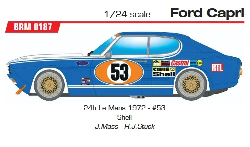 Ford Capri No. 53, 24h Le Mans 1972 - #53 Shell J.Mass - H.J.StuckSlotcar - Maßstab 1:24 analog in Rennversion mit Metall-Chassis