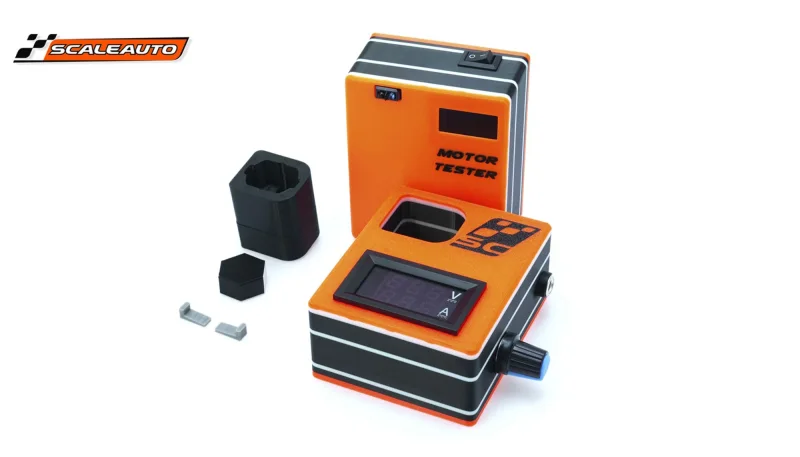 Motor Tester SCALEAUTO Motor-Einlaufgerät inkl. Adapter für Slotcar-Motortyp Long Can — Zur Kontrolle und optimalem Einlaufen des Motors mit Drehzahlanzeige
