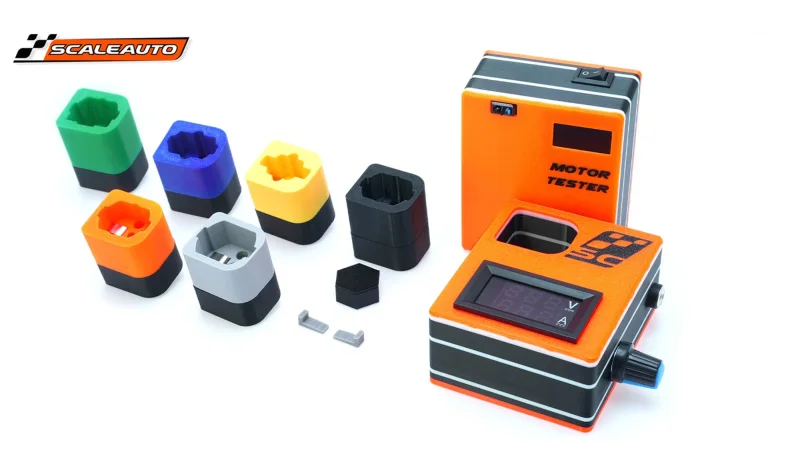 Scaleauto Motor Tester SCALEAUTO Motor-Einlaufgerät inkl. Adaptersatz für alle gängigen Slotcar-Motortypen — Zur Kontrolle und optimalem Einlaufen des Motors mit Drehzahlanzeige