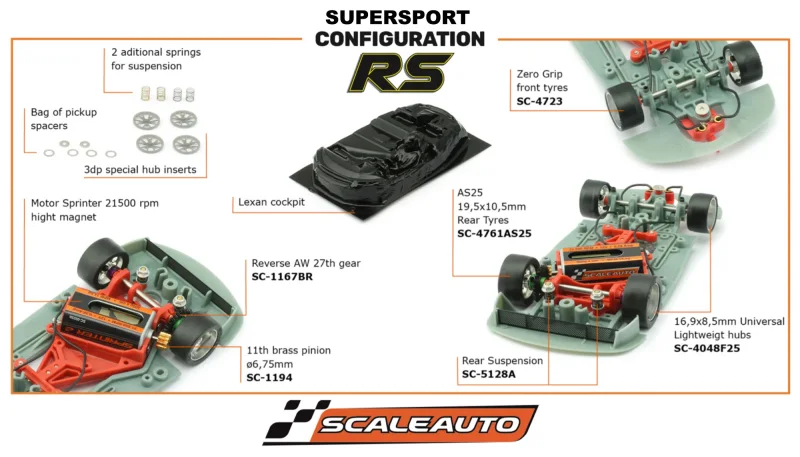 Slotcar 1:32 Analog SCALEAUTO GTS-R No. 93 — Wettbewerbsversion, Metall-Chassis, mit Tuningzubehör