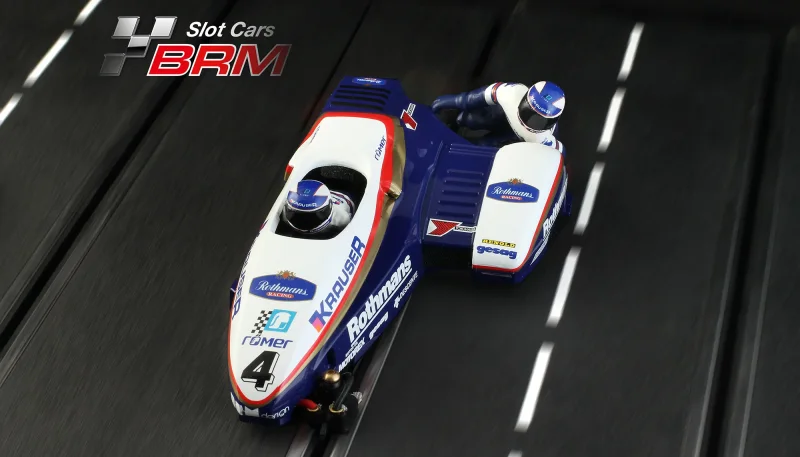 Sidecar (Sidebike) White-Blue in Rennversion, World Championship 1978 - #1 TTM/BEO FIM Sidecar Biland - Williams - Slotcar Maßstab 1:18 analog BRM Racing