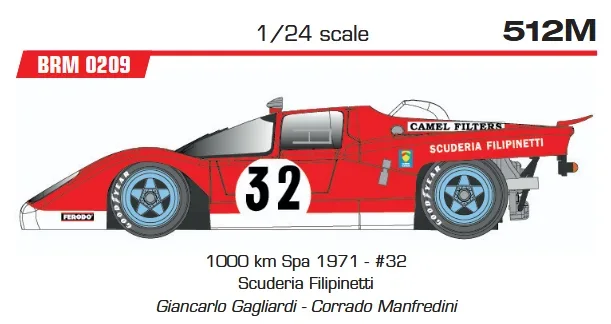 Slotcar 1:24 Analog BRM - Ferrari 512M 1000 km Spa 1971 - #32 Scuderia Filipinetti Giancarlo Gagliardi - Corrado Manfredini — Rennversion, Metall-Chassis