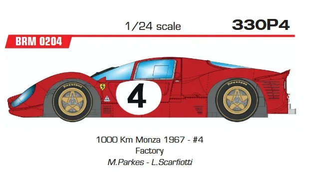 Slotcar 1:24 Analog BRM Ferrari 330P4 1000 Km Monza 1967 - #4 Factory M.Parkes - L.Scarfiotti — Rennversion, Metall-Chassis