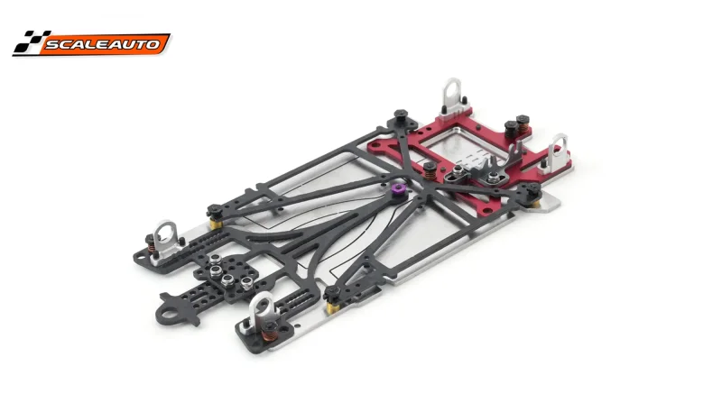 Slotcar-Chassis 1:24 SCALEAUTO SPORT XL Universal Sidewinder-Fahrwerk LM1, Alu-Carbon-Stahl m.Radstand 104-124mm, für Long Can-Motor