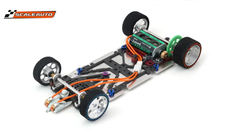 Slotcar-Komplettchassis 1:24 SCALEAUTO SPORT M Universal Sidewinder-Fahrwerk RC3, Alu-Carbon-Stahl m.Radstand 94-117mm mit Motor