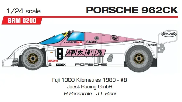 Slotcar Maßstab 1:24 analog BRM Fuji 1000 Kilometres 1989 - #8 Joest Racing GmbH H.Pescarolo - J.L.Ricci in Rennversion mit Metall-Chassis