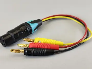 XLR-Adapter 3 pol., auf 4mm Bananstecker (rot, schwarz, gelb), vergoldete Kontakte, ca. 20cm Kabel